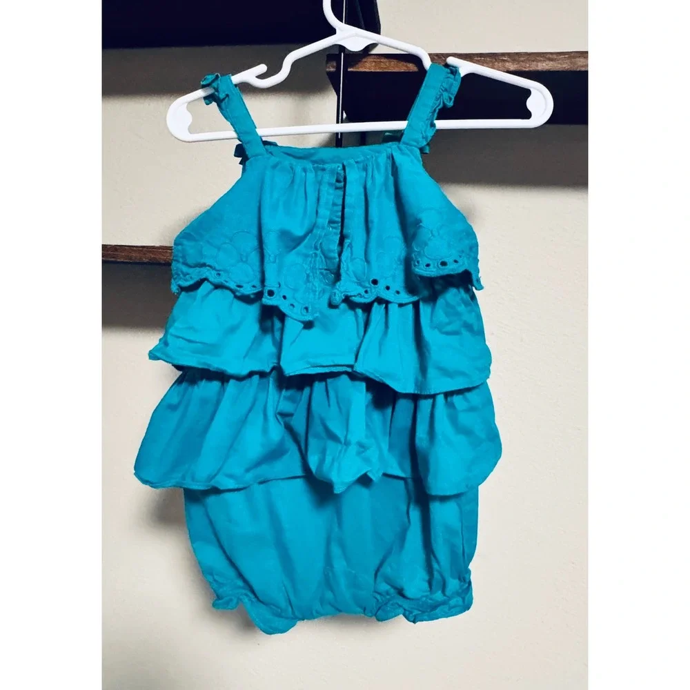 Gymboree Baby Girl 18-24mo Teal Turquoise Eyelet Ruffle Romper Flamingo Flamenco